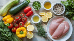 Fresh ingredients for low-calorie lunch recipes, including zucchini, bell peppers, quinoa, and chicken