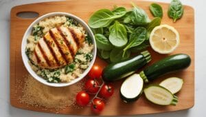 Low-calorie ingredients like grilled chicken, quinoa, spinach, cherry tomatoes, and zucchini on a wooden cutting board