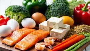 Fresh ingredients for non-chicken dinners: salmon, shrimp, tofu, lentils, eggs, and vegetables