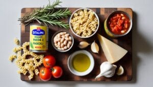  Ingredients for Pasta e Fagioli, including pasta, beans, tomatoes, and Parmesan