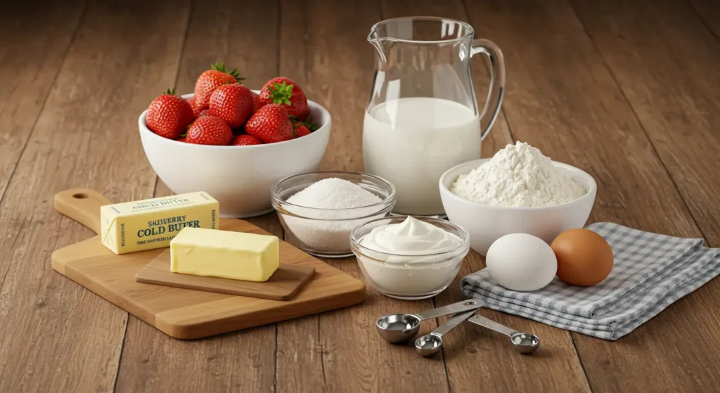 A neatly arranged display of ingredients for a traditional strawberry shortcake, including fresh strawberries, butter, flour, sugar, milk, eggs, and whipped cream on a rustic wooden kitchen counter