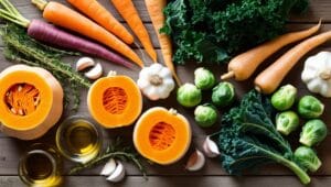 Seasonal winter ingredients like squash, carrots, and kale on a rustic counter.