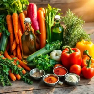 Fresh vegetable ingredients including carrots, zucchini, bell peppers, olive oil, and spices on a wooden surface