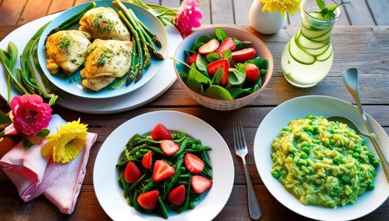 A spring dinner table with lemon herb chicken, strawberry salad, and pea risotto