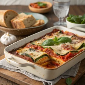 Close-up of a freshly baked vegetable lasagna in a rustic baking dish. The dish features layers of golden melted cheese, rich tomato sauce, and vibrant vegetables like zucchini, bell peppers, and spinach, garnished with fresh basil and grated Parmesan. Served on a wooden table with garlic bread and a fresh salad on the side