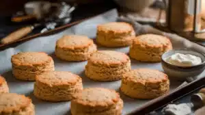 Freshly baked whole-wheat biscuits on a tray with baking tools