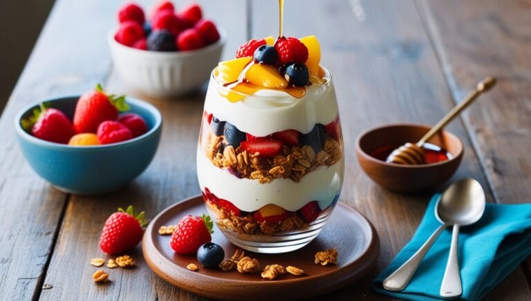 Layered fruit yogurt parfait with Greek yogurt, berries, and granola.