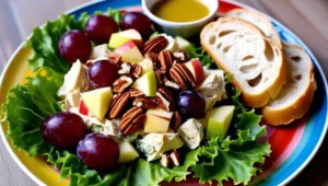 Chicken Salad Chick with red grapes, apples, and pecans, served on lettuce with baguette slices