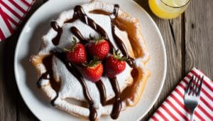 Top-down view of a crispy funnel cake with powdered sugar, strawberries, and chocolate drizzle on a white plate