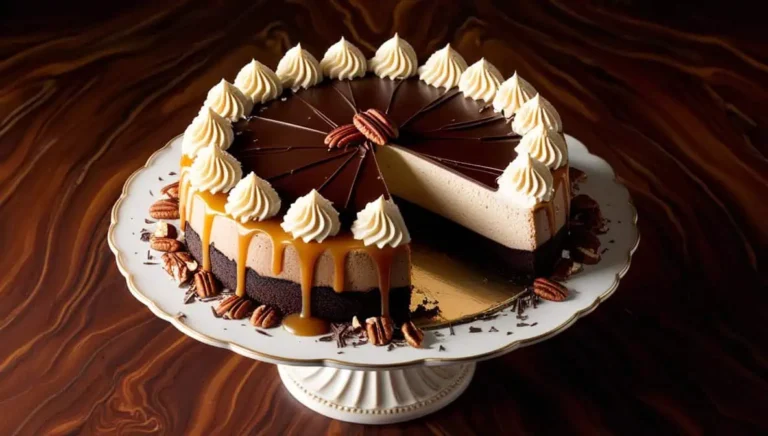 Decadent German chocolate cheesecake with layers of chocolate filling and a coconut-pecan topping, served on a rustic plate