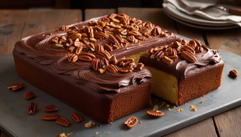 Decadent German chocolate sheet cake topped with a rich coconut-pecan frosting on a wooden table.