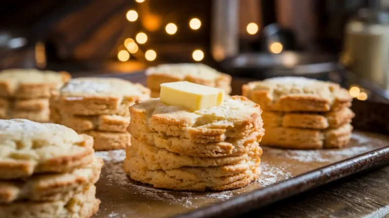 Freshly baked biscuits on a tray with melting butter on top