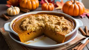 Freshly baked pumpkin dump cake with crumbly topping and fall decorations