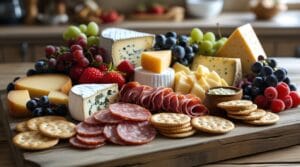 A charcuterie box with gourmet cheeses, cured meats, fresh fruits, crackers, and dips on a rustic wooden board