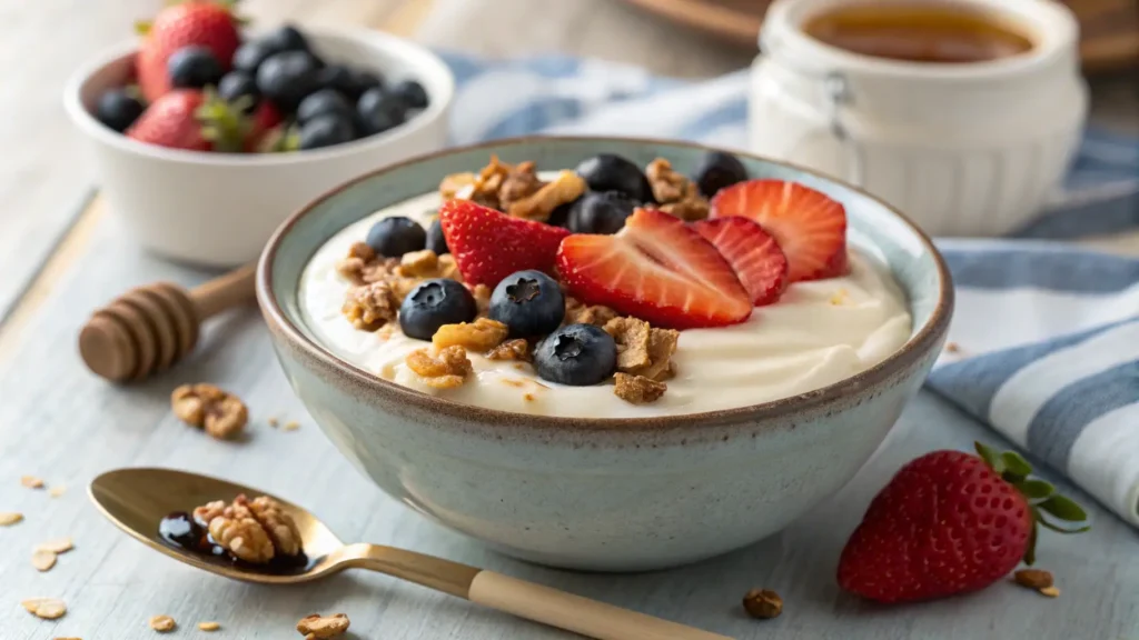 A creamy bowl of Greek yogurt topped with fresh strawberries, blueberries, walnuts, and a drizzle of honey. The dish is placed on a rustic wooden table with a spoon beside it. Side-view shot highlighting the rich texture and vibrant colors of the toppings