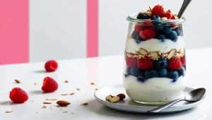 A Greek yogurt parfait with fresh berries and almonds for a diabetic-friendly breakfast.