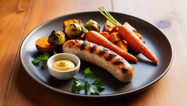 Grilled chicken apple sausage served with roasted vegetables and Dijon mustard on a rustic plate.