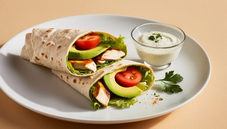 Grilled chicken and avocado wrap on a plate with ranch dressing