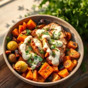 Grilled chicken served over roasted Brussels sprouts, sweet potatoes, and carrots with a drizzle of tahini dressing