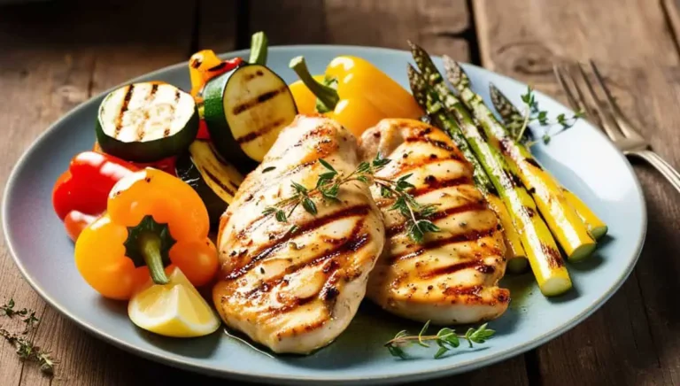 Grilled chicken with zucchini, bell peppers, and asparagus on a rustic wooden plate