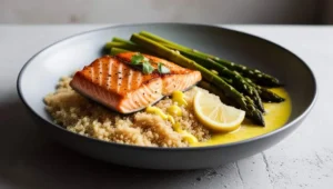 Grilled salmon and quinoa bowl with asparagus and lemon vinaigrette.