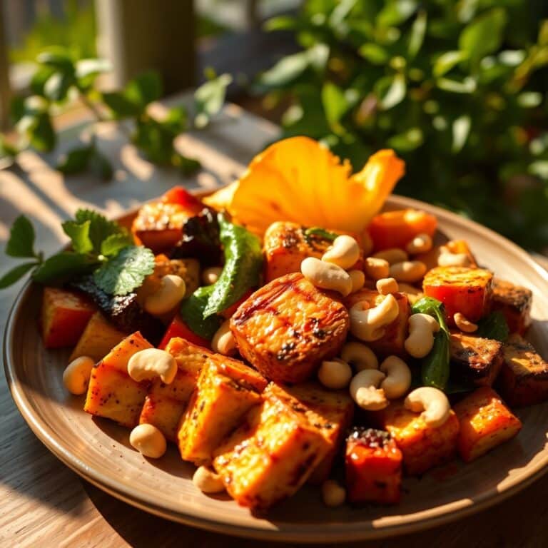 Grilled tofu served with roasted zucchini, bell peppers, and a sprinkle of roasted cashews