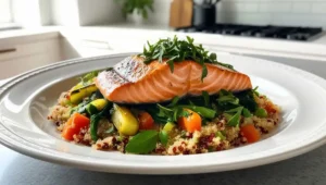 Grilled salmon on quinoa and sautéed vegetables with fresh herbs.