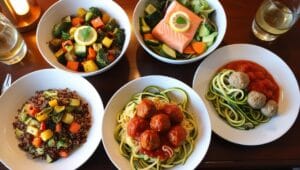 Quinoa bowls, salmon salad, and zucchini noodles with turkey meatballs on a rustic table