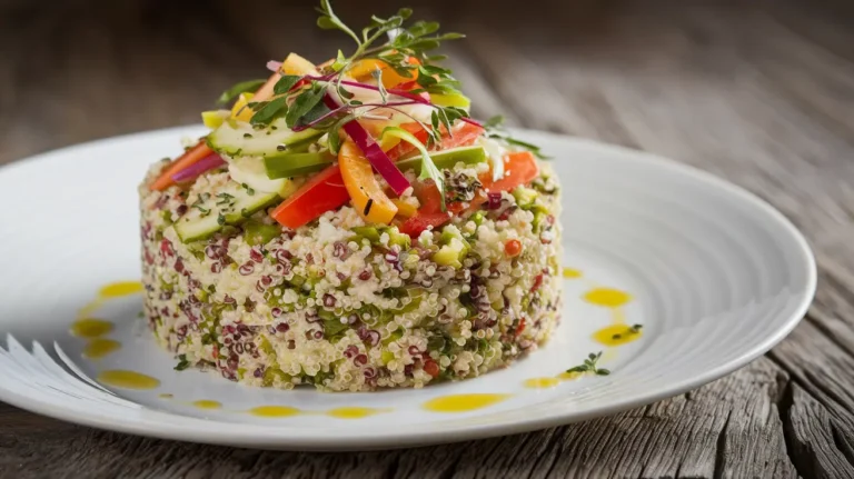 Quinoa salad with fresh vegetables, olive oil, and herbs on a white plate