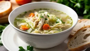 Chicken and cabbage soup with carrots and fresh parsley served with crusty bread.