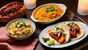 Stuffed sweet potatoes, butternut squash risotto, and fish tacos with slaw and lime