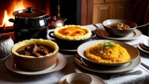 A winter dinner table with beef stew, shepherd's pie, and squash risotto