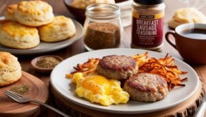 A hearty breakfast featuring homemade sausage A breakfast spread with homemade sausage patties, hash browns, scrambled eggs, biscuits, and a seasoning jar.