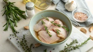 Raw chicken pieces in a brine solution with herbs and salt on a kitchen countertop