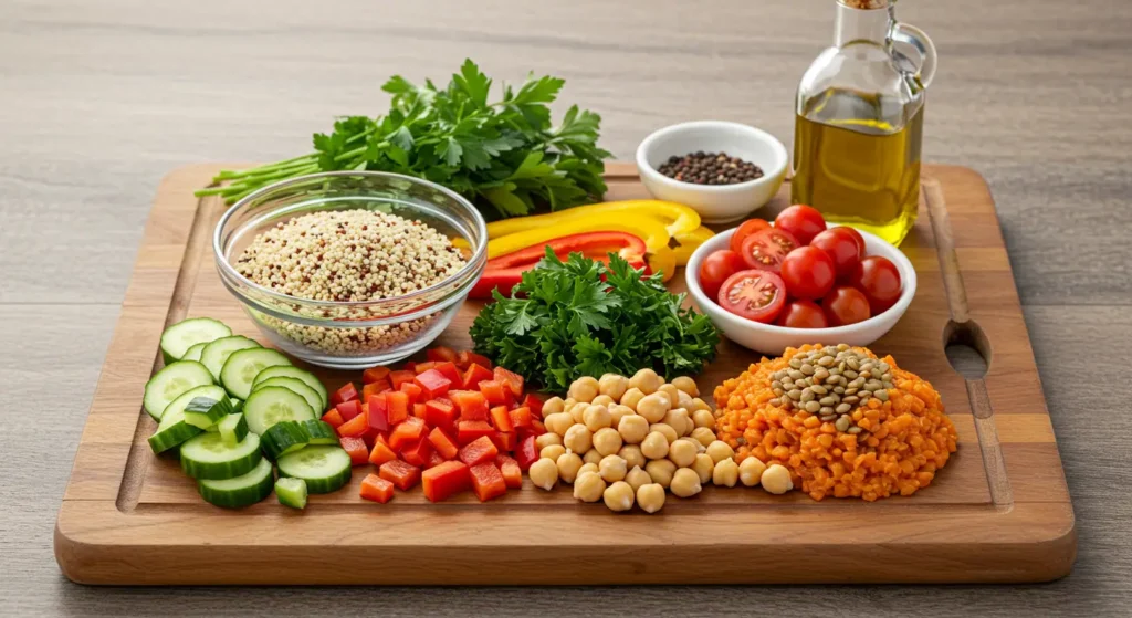 Fresh ingredients for Costco Quinoa Salad displayed on a wooden cutting board, including uncooked quinoa, chickpeas, lentils, diced bell peppers, cucumbers, cherry tomatoes, parsley, olive oil, and seasonings. Side-angle view with natural lighting