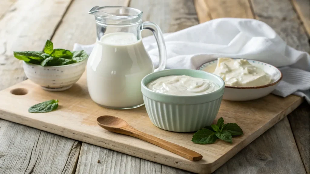 Fresh ingredients for homemade Greek yogurt displayed on a wooden countertop, including a glass jug of whole milk, a small bowl of plain Greek yogurt as a starter culture, a wooden spoon, and a white cheesecloth. Side-view shot with natural lighting emphasizing freshness and texture