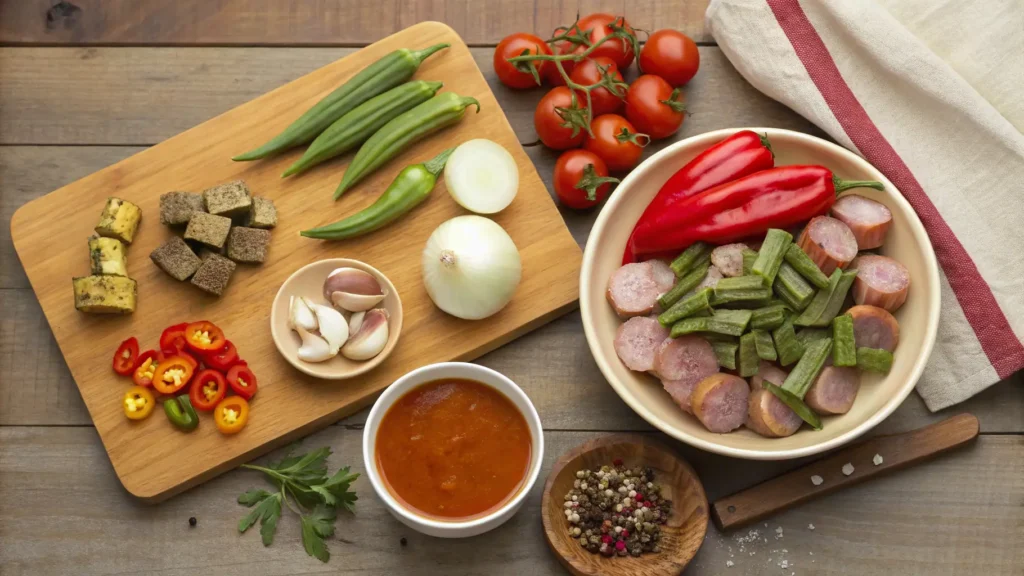 Fresh ingredients for Swamp Soup, including okra, tomatoes, onions, and spices