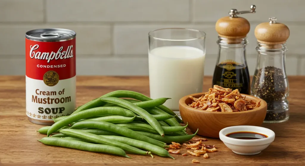 Side-angle shot of green beans, a can of Campbell’s Condensed Cream of Mushroom Soup, a glass of milk, a wooden bowl of crispy fried onions, and soy sauce on a rustic wooden countertop.

