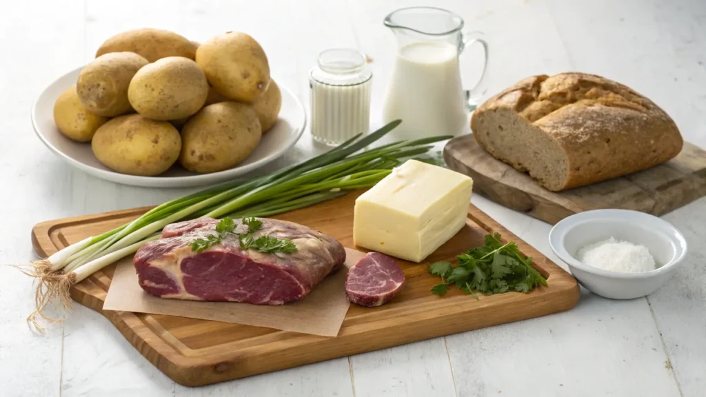 Essential ingredients for traditional Irish cooking, including fresh potatoes, Irish butter, lamb meat, scallions, buttermilk, and soda bread on a wooden board.