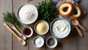 Ingredients for making bagels and cream cheese arranged on a rustic wooden table