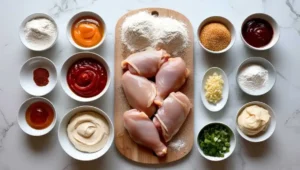 Ingredients for Bang Bang Chicken, including chicken, breadcrumbs, seasonings, and sauce components like mayonnaise and sriracha