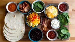 Ingredients for breakfast burritos, including tortillas, eggs, bacon, cheese, vegetables, and salsa.