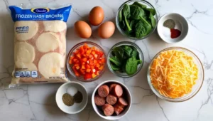 Ingredients for a breakfast casserole with hash browns, including eggs, cheese, sausage, and vegetables