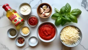 Ingredients for breakfast pizza sauces, including tomato paste, heavy cream, olive oil, garlic, and fresh basil.