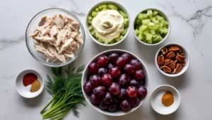  Ingredients for Chicken Salad Chick, including shredded chicken, mayonnaise, celery, grapes, and pecans.