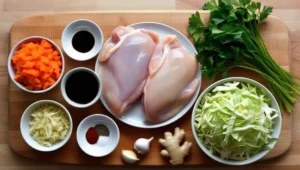 Ingredients for chicken and cabbage recipes, including chicken, shredded cabbage, carrots, garlic, ginger, and soy sauce.