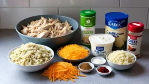 Ingredients for Chicken and Cauliflower Rice Casserole including chicken, cauliflower rice, and Greek yogurt