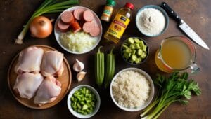  Ingredients for Chicken and Sausage Gumbo including chicken thighs, sausage, onions, celery, bell peppers, garlic, okra, and Cajun spices