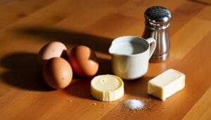 Ingredients for scrambled eggs, including eggs, milk, butter, salt, and pepper