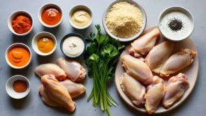 Ingredients for boneless chicken wings, including chicken breast, flour, eggs, breadcrumbs, and spices.